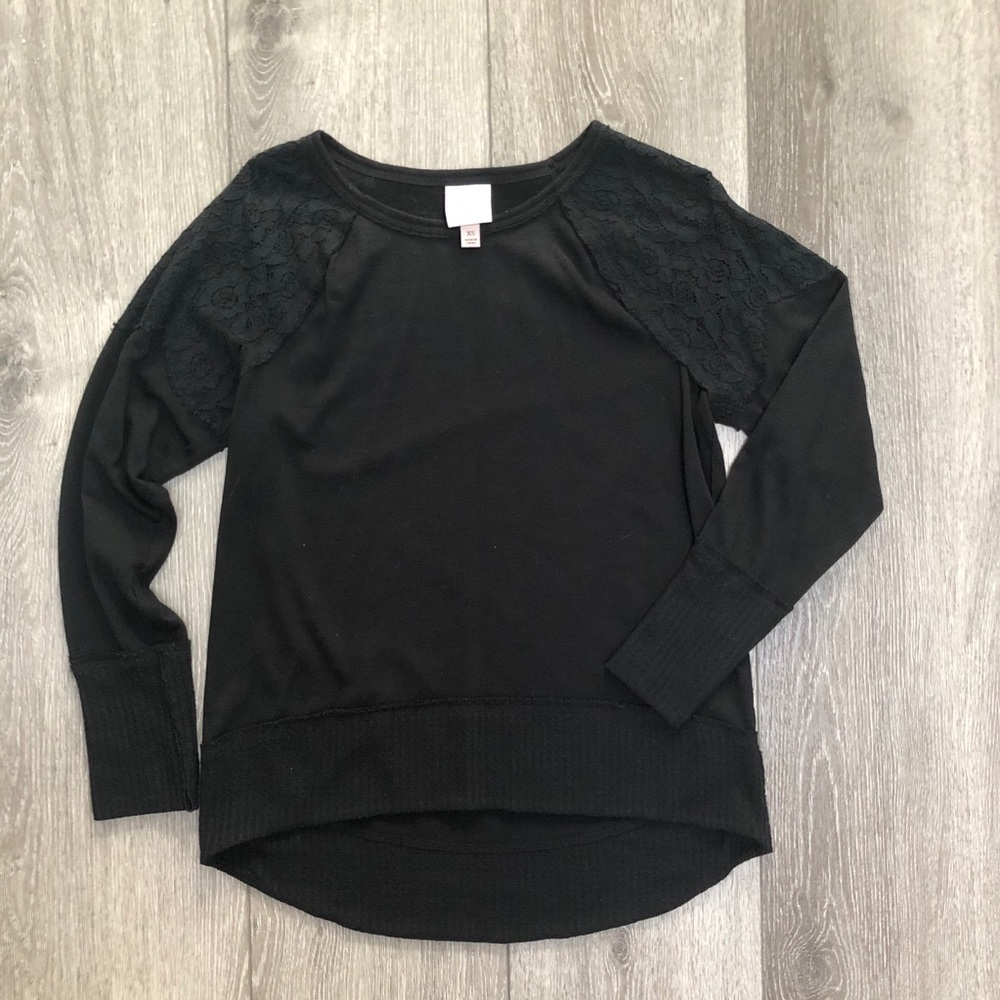 KNOX ROSE PULLOVER CREWNECK SWEATER LACE SHOULDER BLACK XS